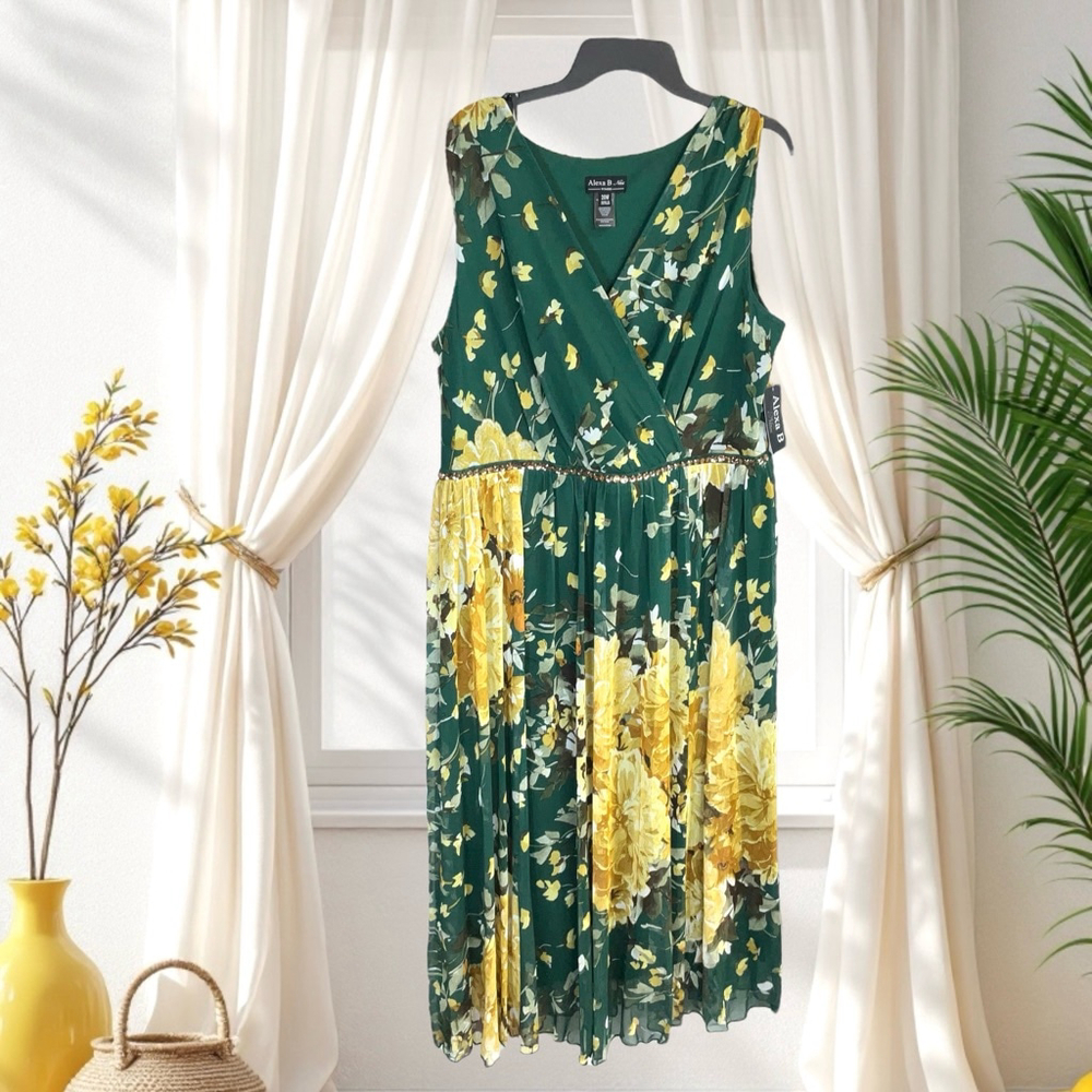 Alexa B Nites New/Tags Green Yellow Floral Sleeveless Lined Maxi Dress Wm 20W